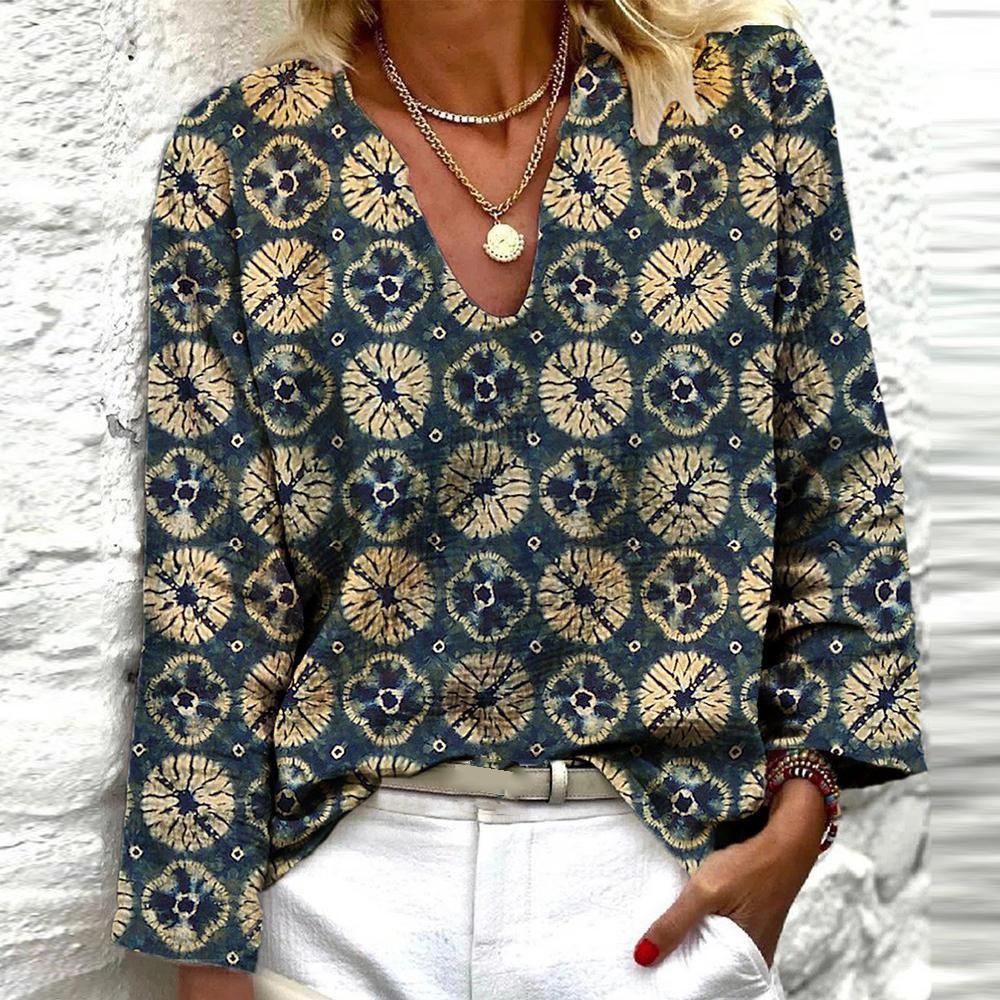 Retro Print Long Sleeve Blouse